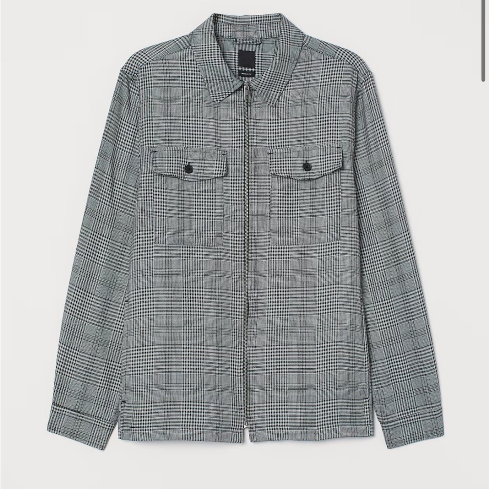 H&M MEN'S BLACK CHECKED ZIP-UP SHIRT JACKET - SIZE SMALL - Picture 2 of 8
